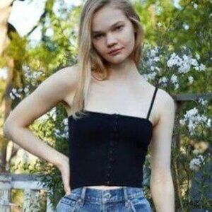 Kendall & Kylie Black Ribbed Crop Top with Hook-and-Eye Front Closure, Size XS